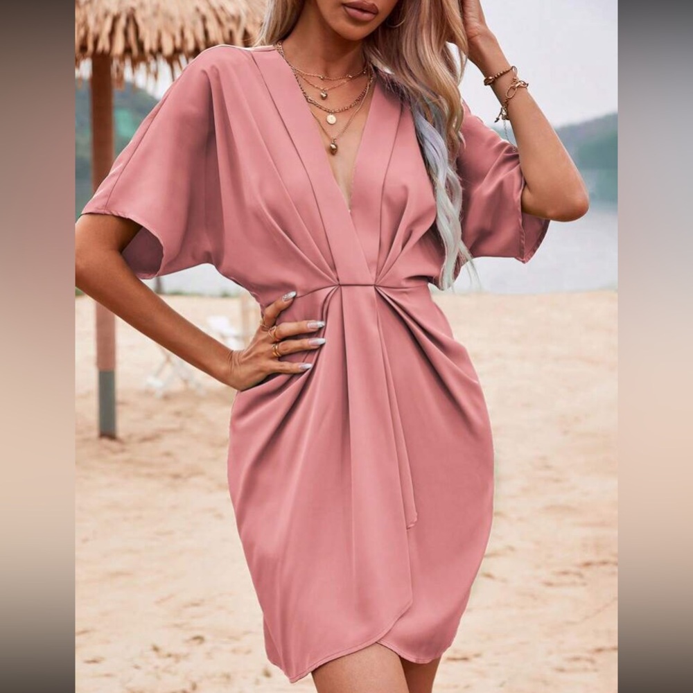 Boho pink batwing sleeve twist front dress - Picture 4 of 6